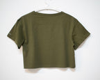 Looking for f***s to give crop top | Hand screen printed olive green 100% cotton tee with white illustration of a cat with binoculars