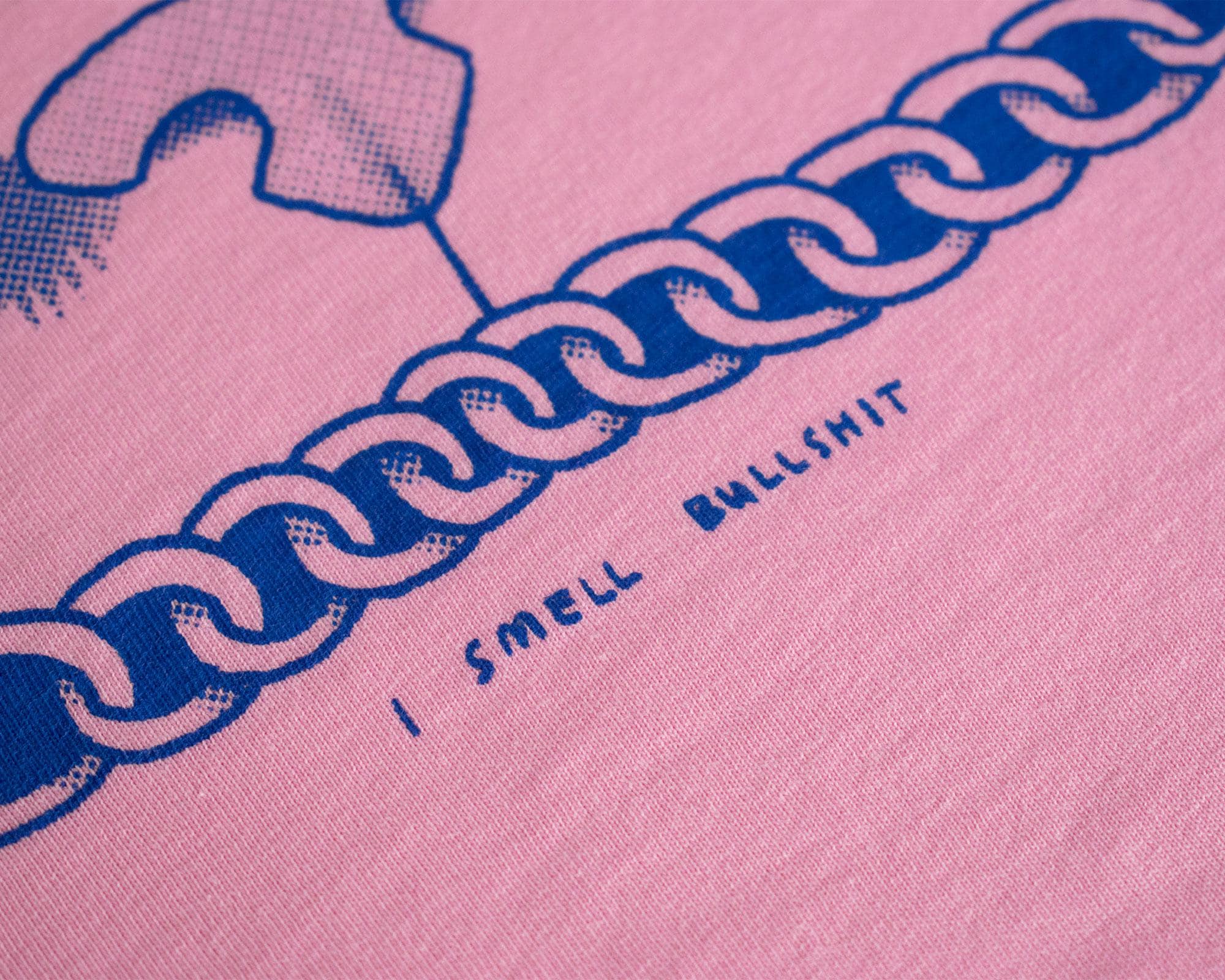 I smell Bullshit crop top | Hand screen printed on light pink 100% cotton cropped tee with blue illustration of a cat sniffing out your lies