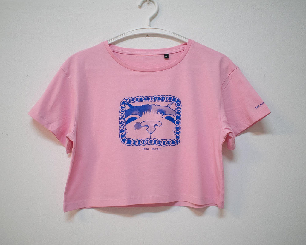 I smell Bullshit crop top | Hand screen printed on light pink 100% cotton cropped tee with blue illustration of a cat sniffing out your lies