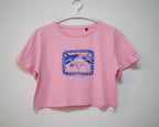 I smell Bullshit crop top | Hand screen printed on light pink 100% cotton cropped tee with blue illustration of a cat sniffing out your lies