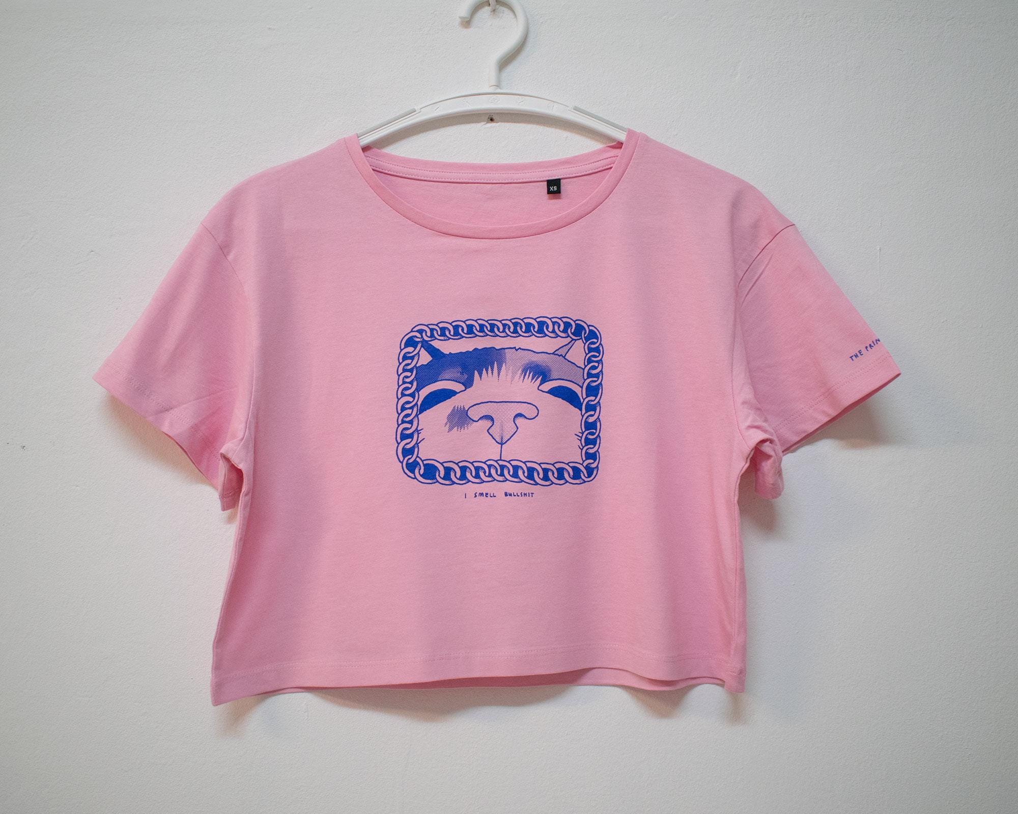 I smell Bullshit crop top | Hand screen printed on light pink 100% cotton cropped tee with blue illustration of a cat sniffing out your lies