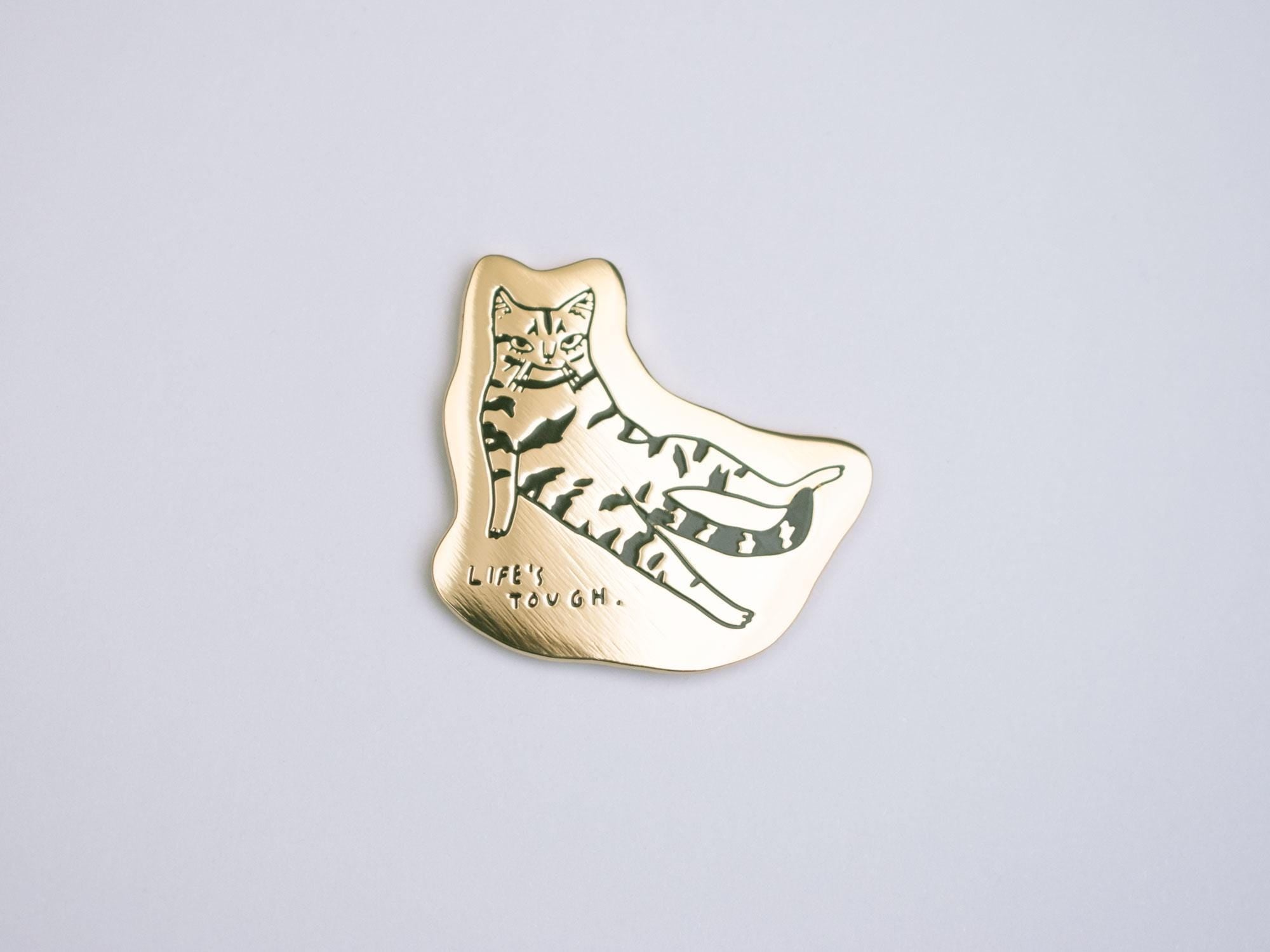Life's tough Cat Enamel Pin | Gold plated brooch with a tabby cat beeing fed up with everything