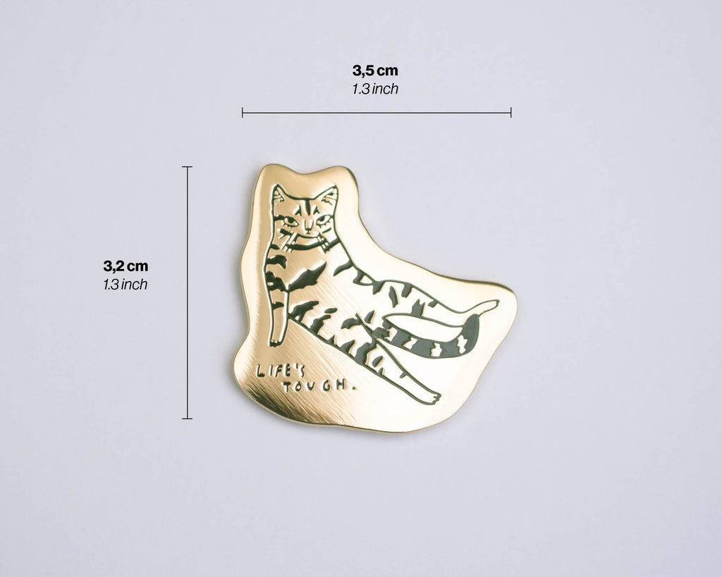 Life's tough Cat Enamel Pin | Gold plated brooch with a tabby cat beeing fed up with everything