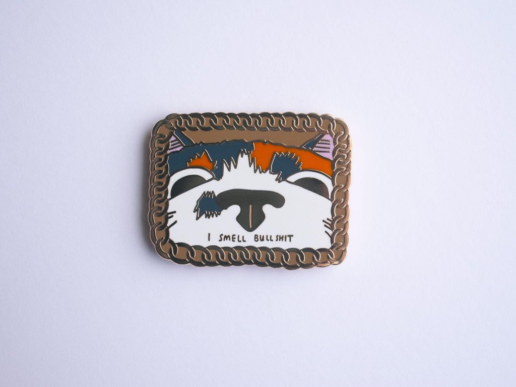 I smell bullsh1t Cat Enamel Pin | Gold plated brooch with a calico cat sniffing out the truth