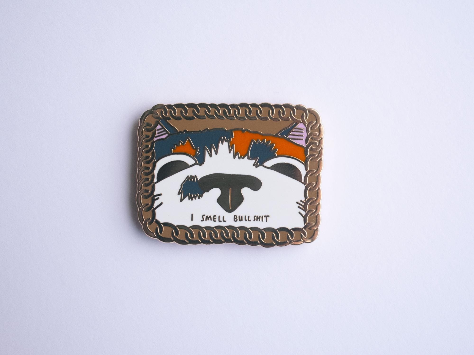 I smell bullsh1t Cat Enamel Pin | Gold plated brooch with a calico cat sniffing out the truth