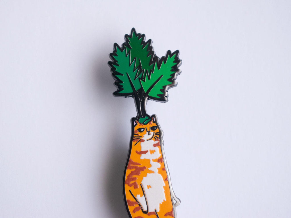 Carrot cat enamel pin | Black nickel plated brooch with an orange tabby cat or is it a carrot? Huh?