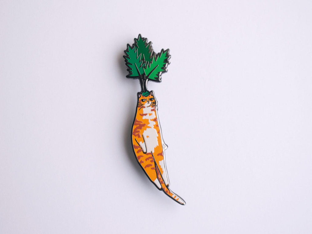 Carrot cat enamel pin | Black nickel plated brooch with an orange tabby cat or is it a carrot? Huh?
