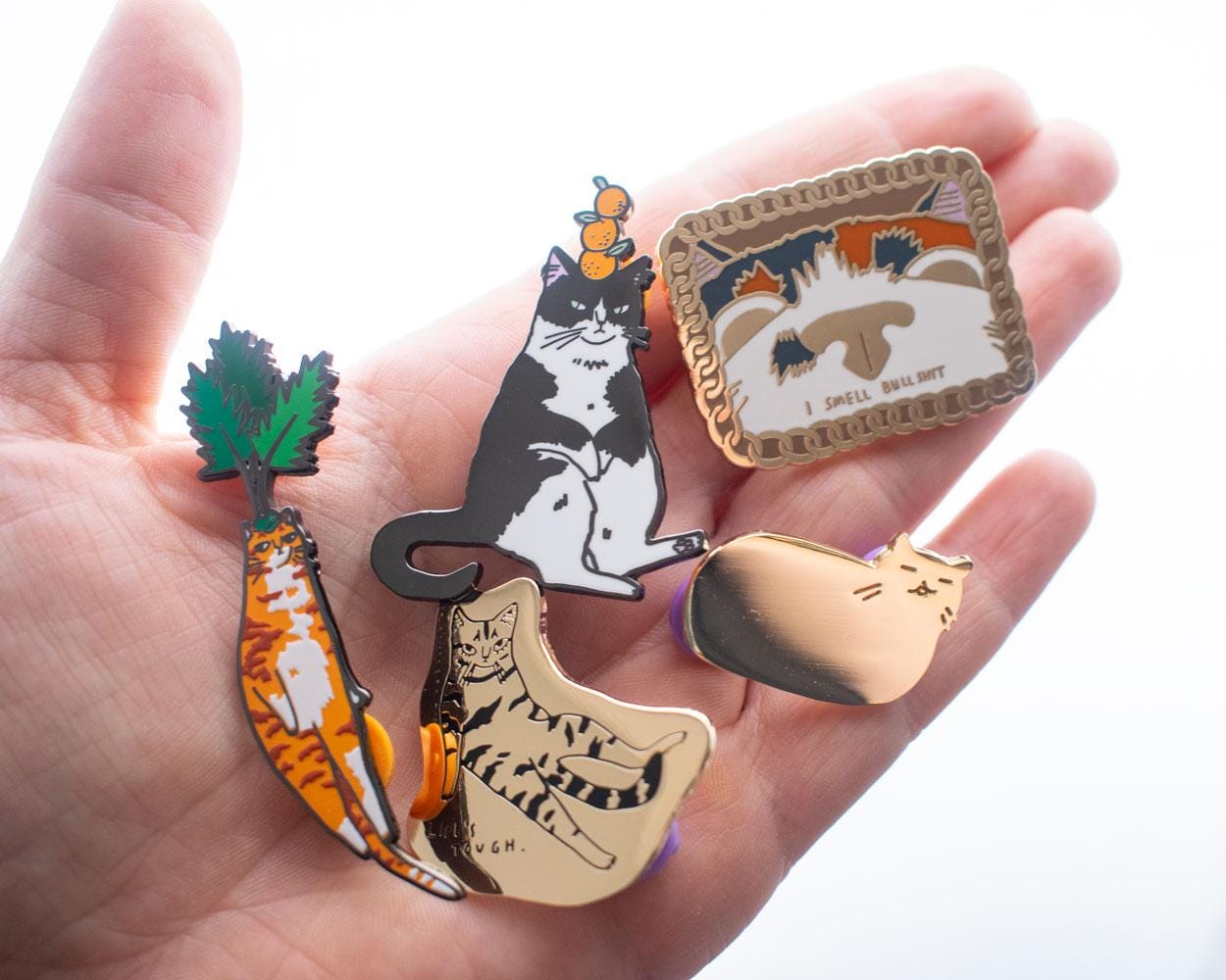 I smell bullsh1t Cat Enamel Pin | Gold plated brooch with a calico cat sniffing out the truth