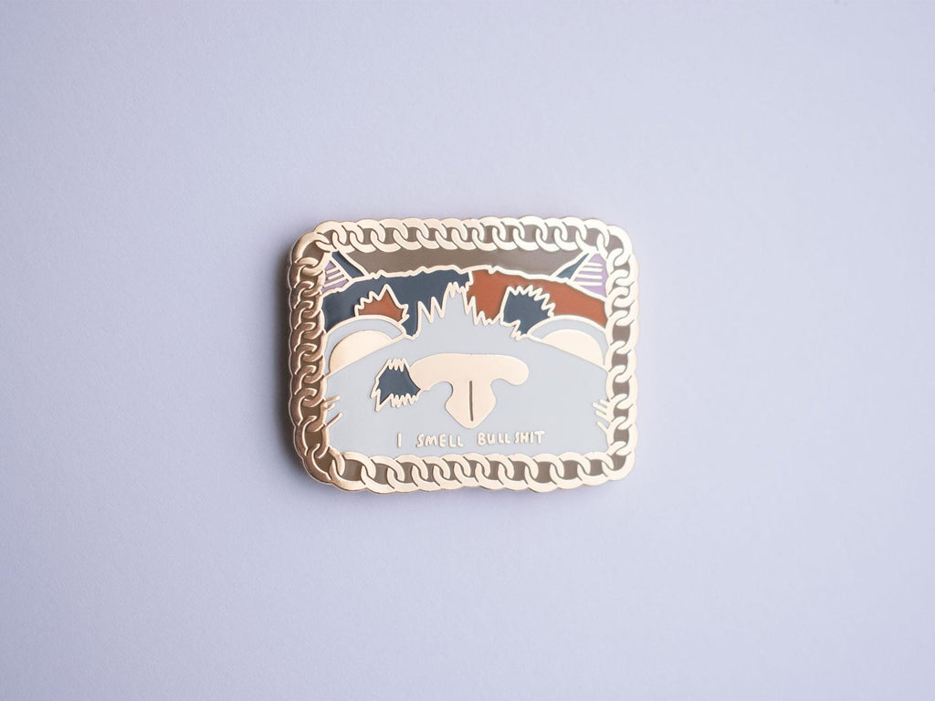 I smell bullsh1t Cat Enamel Pin | Gold plated brooch with a calico cat sniffing out the truth