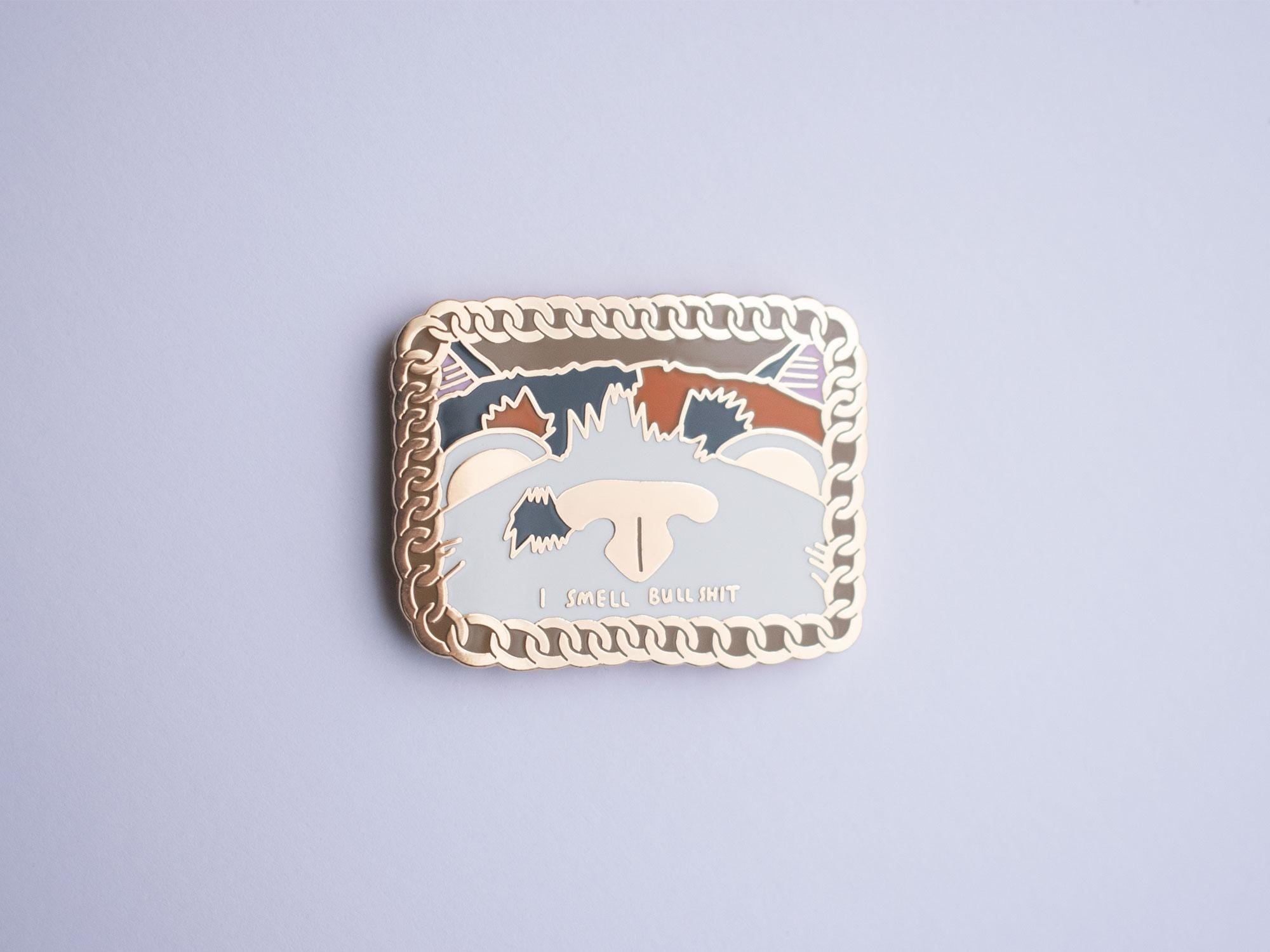 I smell bullsh1t Cat Enamel Pin | Gold plated brooch with a calico cat sniffing out the truth