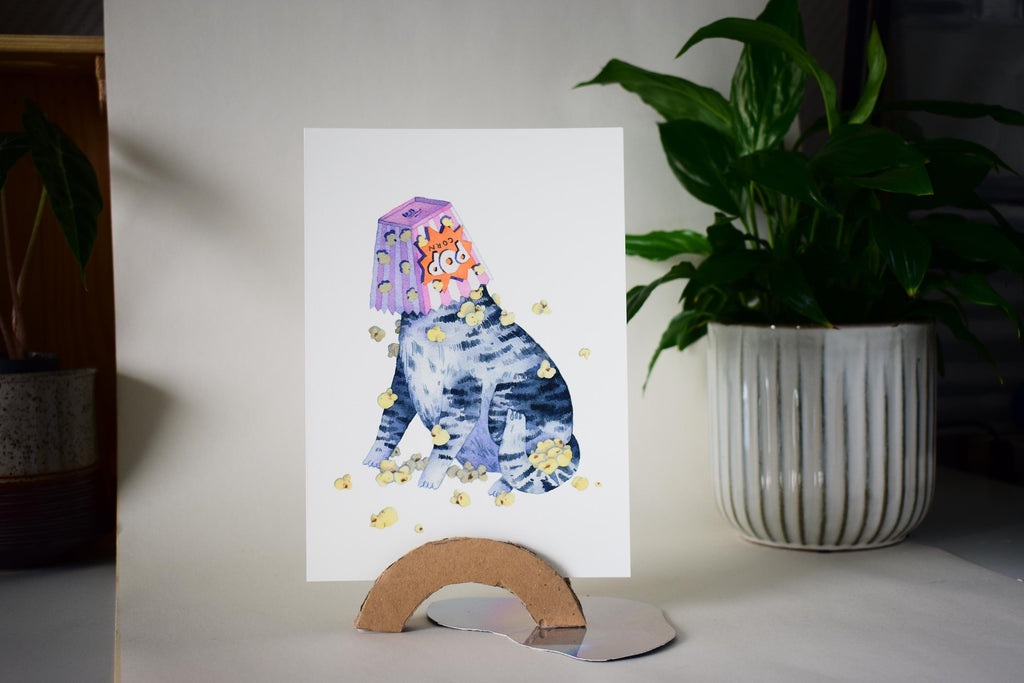 Popcorn Cat | Watercolor Gliclee Art Print of a cat that's stuck in a popcorn box
