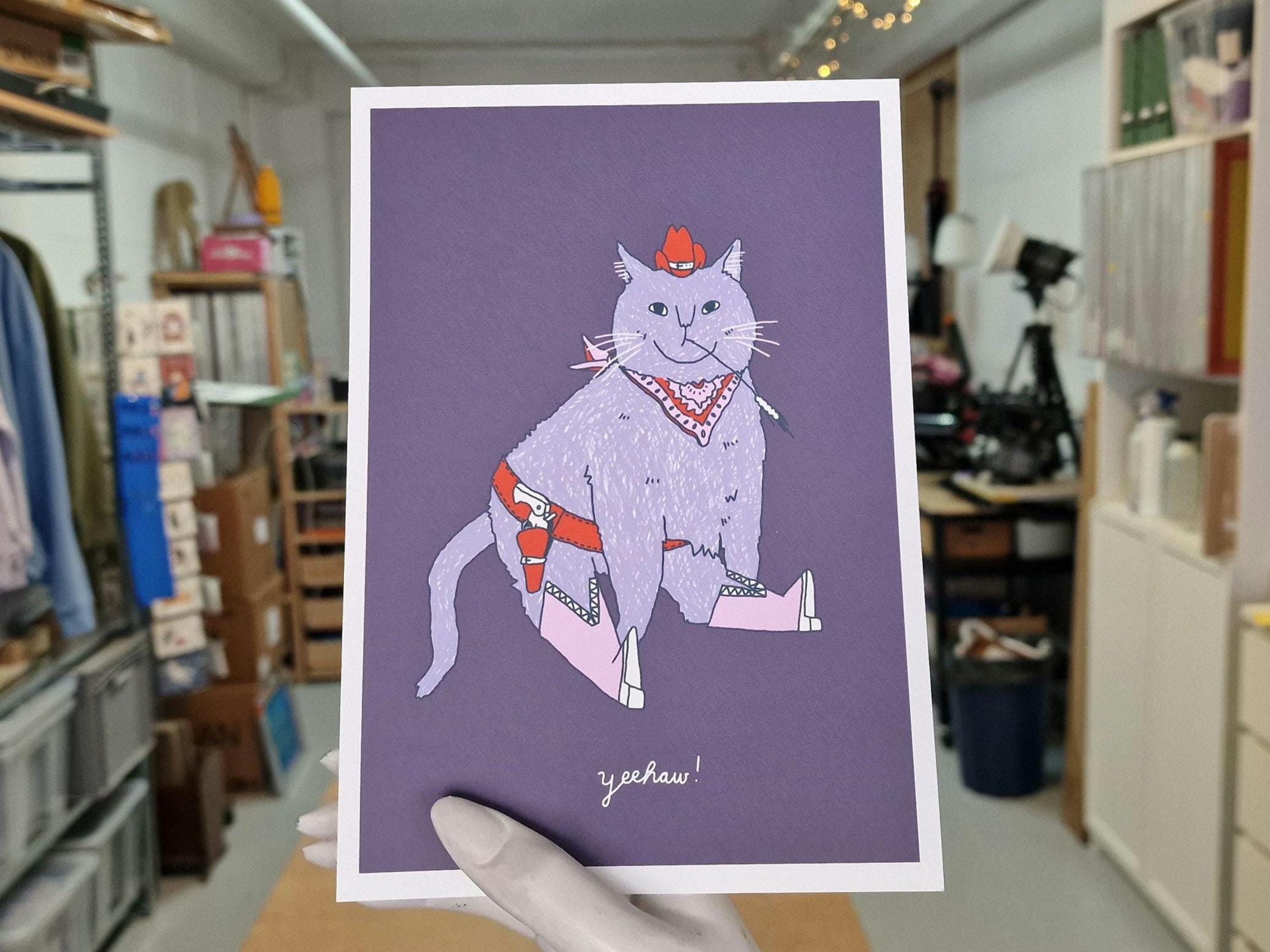 Cowboy Cat | Art Print, Cat Painting, Animal Illustration, Whimsical wall decor, Colorful illustration print, Yeehaw, Cat with pink boots