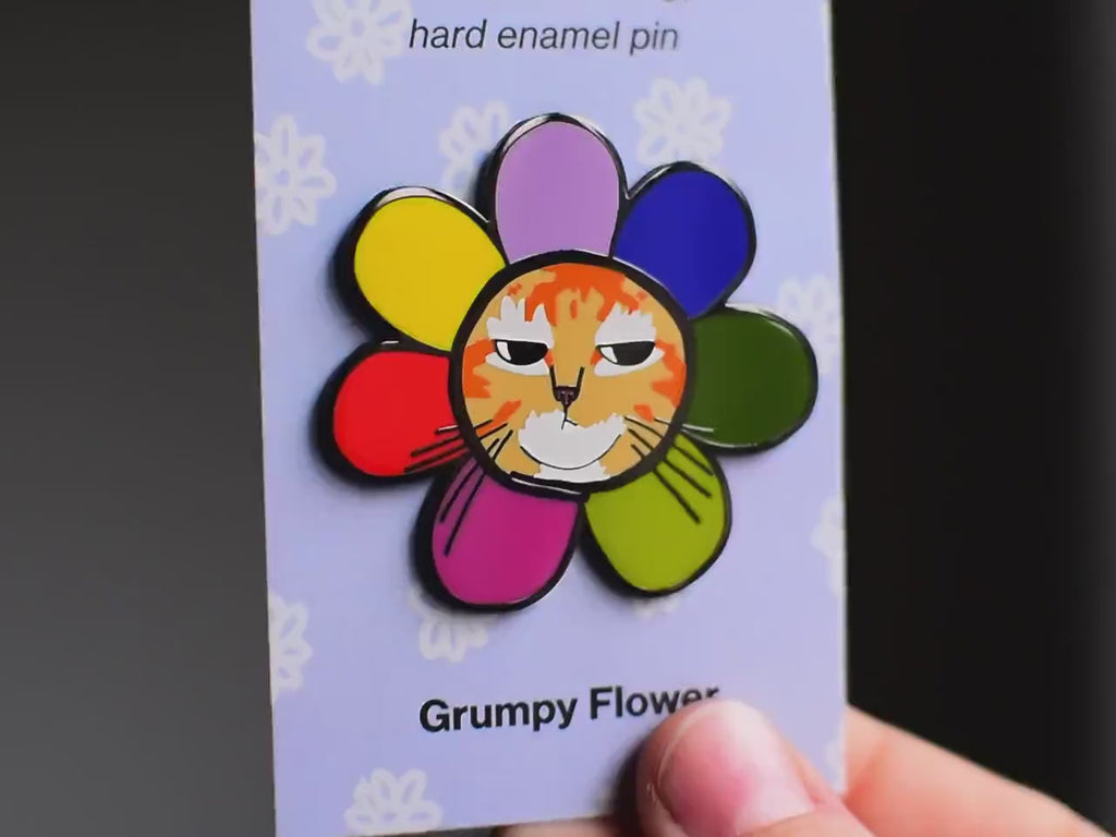 Grumpy Flower Cat Hard Enamel Pin | Gold or black nickel plated brooch with grumpy cat available as black, white and orange tabby fur color