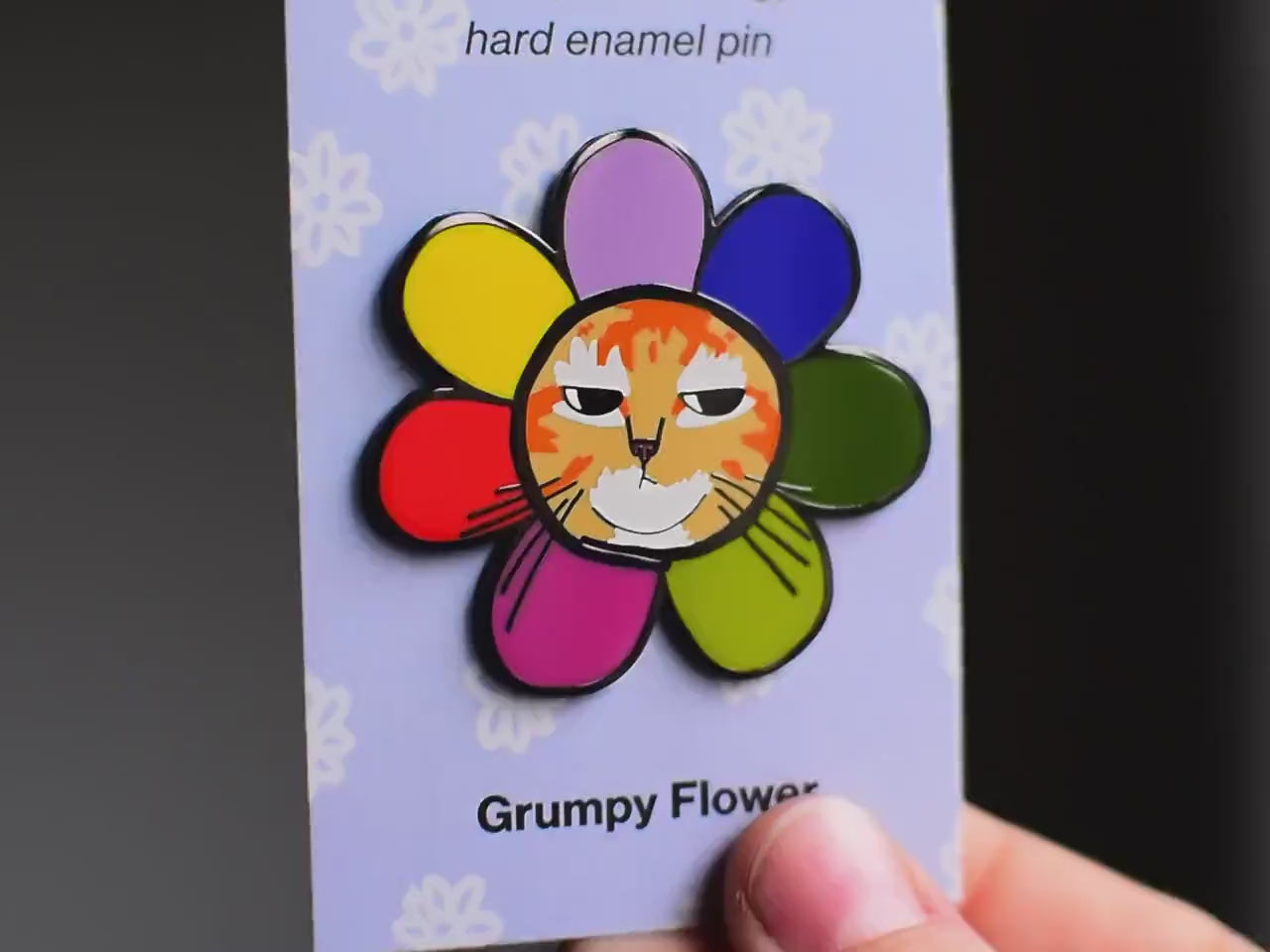 Grumpy Flower Cat Hard Enamel Pin | Gold or black nickel plated brooch with grumpy cat available as black, white and orange tabby fur color