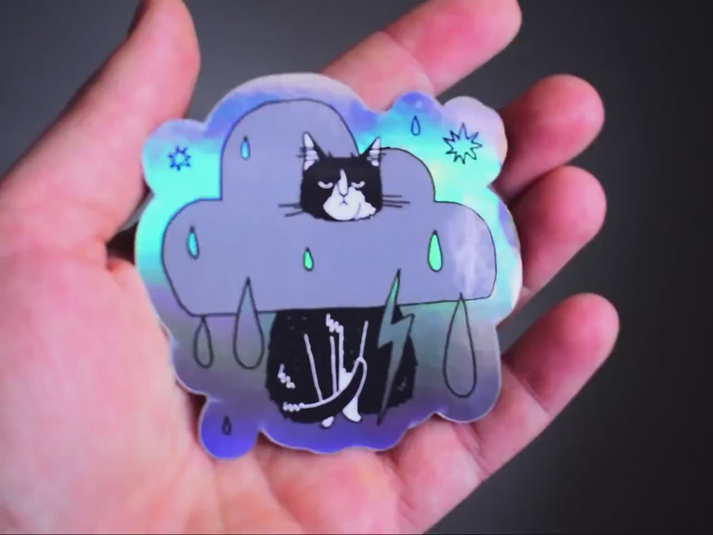Grumpy Tuxedo Cat Rain Cloud Holographic Sticker - Dark Mode