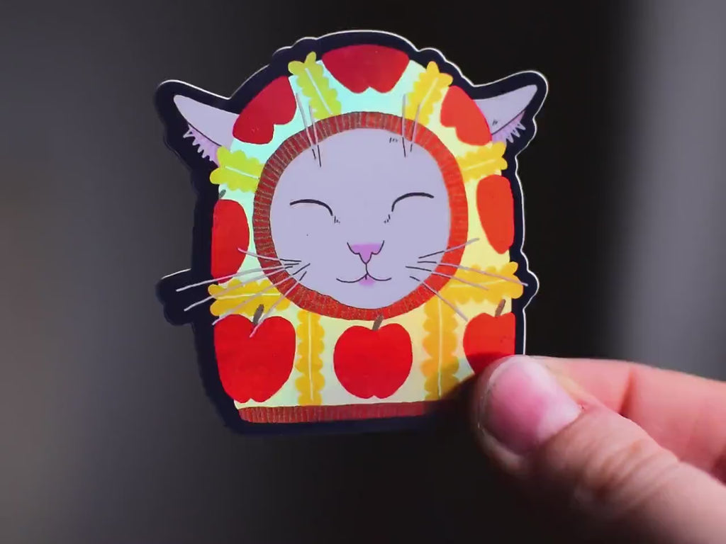 Apple Balaclava Cat Sticker: Holographic Vinyl Decal