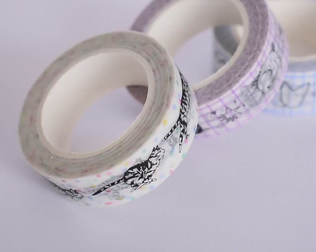 Cute Cat Washi Tape | 15mm x 10m Kawaii stationery with black and white illustration and pastel blue checkered bg for planners, scrapbooks