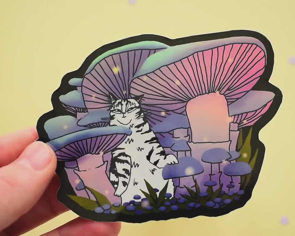 Mushroom Forest | Holographic Vinyl Stickers, Cat Stickers, Vinyl Cat Stickers, Kawaii Sticker, Water Bottle Sticker, Laptop Stickers