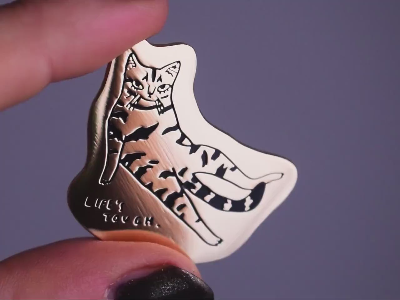 Life's tough Cat Enamel Pin | Gold plated brooch with a tabby cat beeing fed up with everything